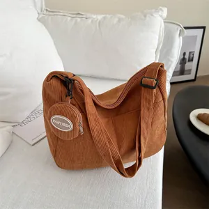 Women Corduroy Crossbody Bag Large Capacity Hobo Shoulder Bag With Mini Coin Purse Korean Casual Commute Tote Handbag