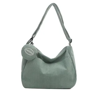 Borsa hobo retrò in velluto a coste verde salvia con tracolla regolabile e portamonete