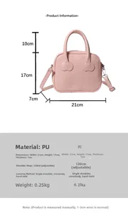 Detailed size chart for pink PU handbag showing dimensions and adjustable strap length