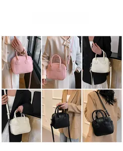 Collage of women's minimalist square handbags in pink, cream, and black with heart details