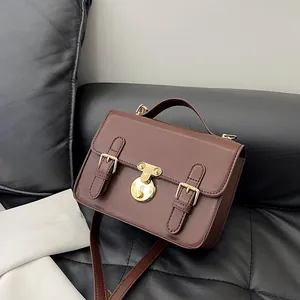 Women French Style Vintage PU Leather Messenger Bag With Gold Lock Buckle Shoulder Crossbody Satchel Handheld Daily Handbag