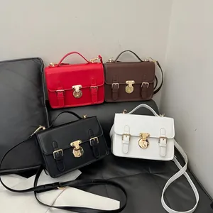 Retro French messenger bag set in four colors with vintage metal buckle and top handle