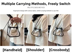 Bolso transparente de PVC que muestra tres formas de uso: de mano, de hombro y bandolera