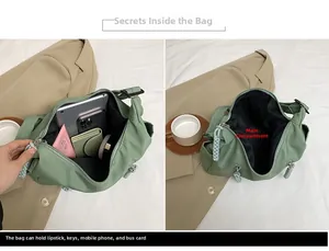 Detail view of fruit green nylon tote showing spacious interior capacity for iPad and essentials