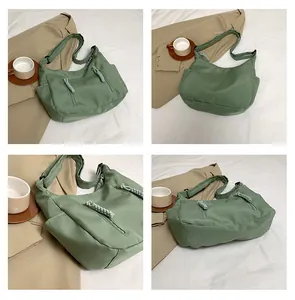 Detailed views of a green nylon crossbody bag featuring woven zipper and side pockets