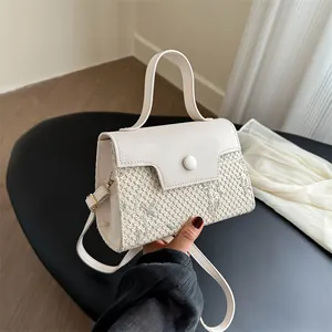 Women Floral Embroidery Straw Woven Crossbody Bag Pastoral PU Leather Handbag Casual Small Square Shoulder Bag Flip Cover