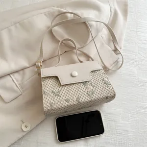 Chic beige straw mini crossbody bag with floral embroidery and top handle design