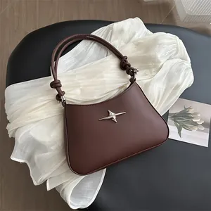Women PU Leather Underarm Bag Minimalist Star Metal Decor Shoulder Crossbody Bag With Knotted Strap Summer Commuting Handbag