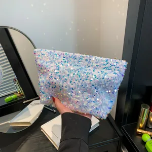 Fashionable Sequin Clutch Bag Women Iridescent Evening Handbag Sparkly Cosmetic Organizer Bag Zip Closure Party Accessary