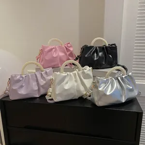 Borsa Nuvola Increspata da Donna Con Manico in Perla Artificial Borsa a Tracolla in Pelle PU alla Moda Borsa a Mano per Festa