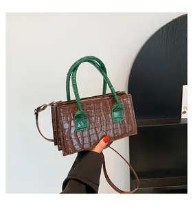 Dettaglio della borsa a mano in pelle a contrasto con trama a coccodrillo marrone e verde
