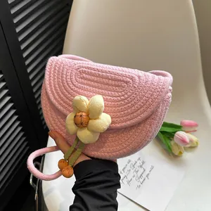 Women's Pastoral Cotton Woven Shoulder Bag With 3D Floral Decoration Summer Beach Vacation Handmade Saddle Crossbody Bag