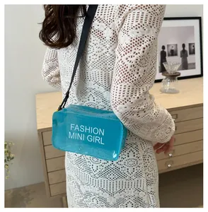 Teal transparent PVC mini bag with adjustable strap shown from a side-back view