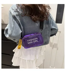 Back view of a mini purple transparent jelly crossbody bag worn by a fashion model