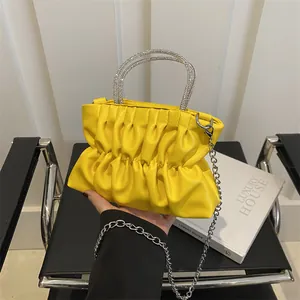 Women's Fashion Pleated Cloud Handbag PU Leather Rhinestone Handle Mini Shoulder Crossbody Bag Elegant Solid Color Party Purse