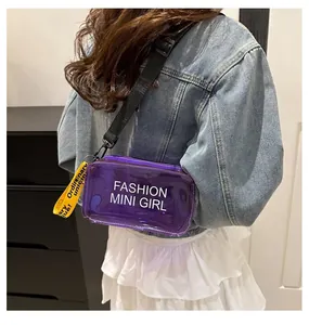 Close-up of purple transparent PVC mini bag with letter print and adjustable black strap