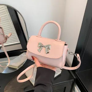 Women's Fashion PU Leather Small Square Bag Metallic Bow Detail Portable Shoulder Crossbody Bag Daily Street Style Accessory