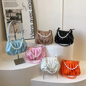 Fashionable pleated cloud bag with pearl handle and leather strap in multiple colors
