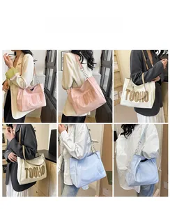 Collage of model wearing large tote bags in pink, beige and blue with chain straps