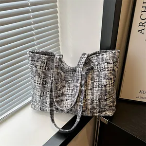 Women Large Capacity Tweed Tote Bag Vintage Plaid Shoulder Bag For Daily Commuting Lady Woven Fabric Handbag With Zipper