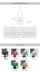 Detailed specs of quilted PU leather chain bag with dimensions and six color options