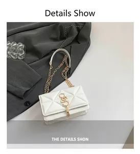Close-up of white quilted crossbody bag with gold S-link chain and fringe detail