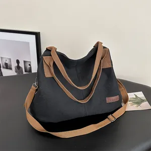 Women Large Capacity Canvas Tote Bag Casual Commuter Shoulder Crossbody Bag Fashion Patch Minimalist Versatile Handbag