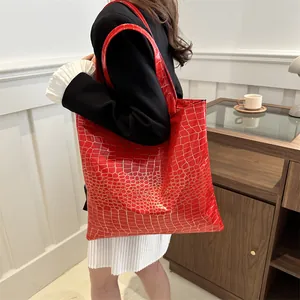 Red crocodile pattern tote bag for women, spacious shoulder bag with gold embossed texture