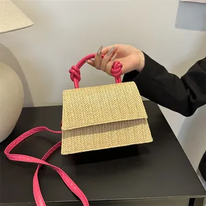 Sac à Main Carré en Paille Tissée pour Femmes Décontracté Vacances d'Été Bloc de Couleur Sac Bandoulière avec Poignée Nœud