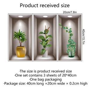 3-piece set of 3D window effect wall stickers with tropical potted plants 20x40cm
