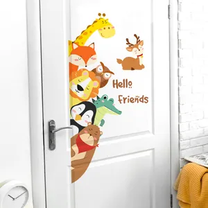 Cartoon Forest Animals Wall Stickers PVC Self Adhesive Door Decals For Kids Nursery Bedroom Decor Hello Friends Pattern