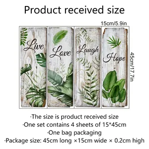 Set of 4 green plant wall stickers with Live Love Laugh Hope text on wood grain 15x45cm