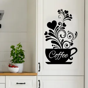 Modern black coffee cup wall sticker with heart vine patterns for kitchen wall decor
