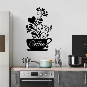 Detail of coffee cup and flower vine wall stickers applied to a modern kitchen wall