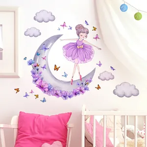 Girl in ballerina dress with moon clouds and butterflies watercolor wall stickers
