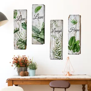 Set of 4 tropical plant wall plaques featuring Live Love Laugh Hope text on white wood background