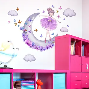 Ballerina on moon wall decal with butterflies and clouds for a girl's bedroom decoration