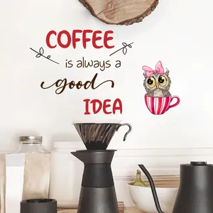 Cartoon Owl Coffee Theme PVC Wall Sticker Artistic English Slogan Coffee Is Always A Good Idea Self-Adhesive Kitchen Cafe Wall Decal Home Decor