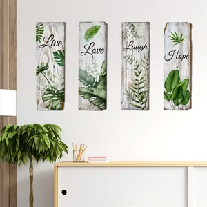 Vertical wall decor set with white wood grain, tropical plants and Live Love Laugh Hope text