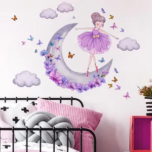 Cartoon Ballet Girl Moon Cloud Butterfly Wall Sticker For Kids Room Nursery Decor Purple Floral PVC Self-Adhesive Wall Decal