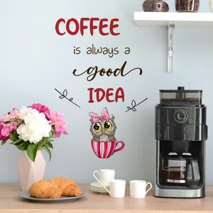 Artistic Owl Coffee Wall Decal in cozy kitchen scene with Coffee is Always a Good Idea text