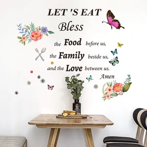 Stickers Muraux Citations Anglaises Inspirantes avec Motifs de Fleurs Papillons Couverts Let's Eat Bless The Food en PVC Autocollant pour Cuisine Salle à Manger Maison
