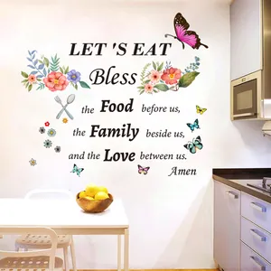 Sticker mural cuisine avec fleurs, papillons et citation inspirante 'Let's Eat'