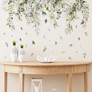 Watercolor Green Plant Leaves Vine Wall Stickers With 3D Butterflies Decals Removable PVC Wall Mural For Living Room Bedroom Bathroom Home Decor