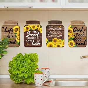 Lot de 4 stickers muraux vintage tournesol avec citations de cuisine rustiques et papillons