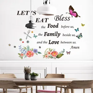 Sticker mural cuisine avec citation Let's Eat, fleurs colorées et papillons