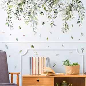 Watercolor green leaves and vines wall decal for living room and bedroom home decor