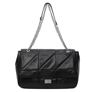 Klassische schwarze Stepp-Tote Bag mit silberner Kette und Metallverschluss für Damen