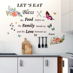Sticker mural inspirant Let's Eat avec fleurs et papillons colorés pour décor de cuisine