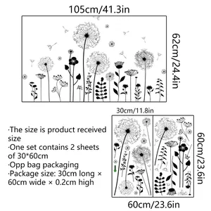 Self-adhesive black dandelion wall sticker set for bedroom decor with dimensions layout